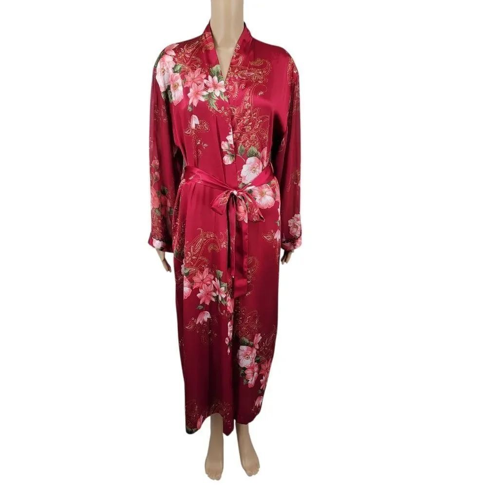 California Dynasty Vintage 90s Floral Red Satin Robe